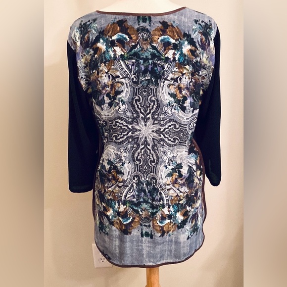 Alberto Makali Black Blue Mixed Media Long Sleeve Linen Blend Casual Top Size L - Picture 10 of 12